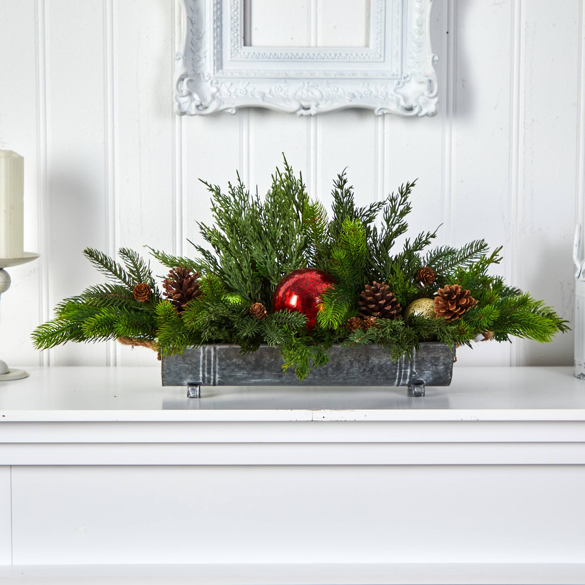 24" Cedar Pine, Pinecones & Ornaments Artificial Christmas Arrangement in Tin Vase